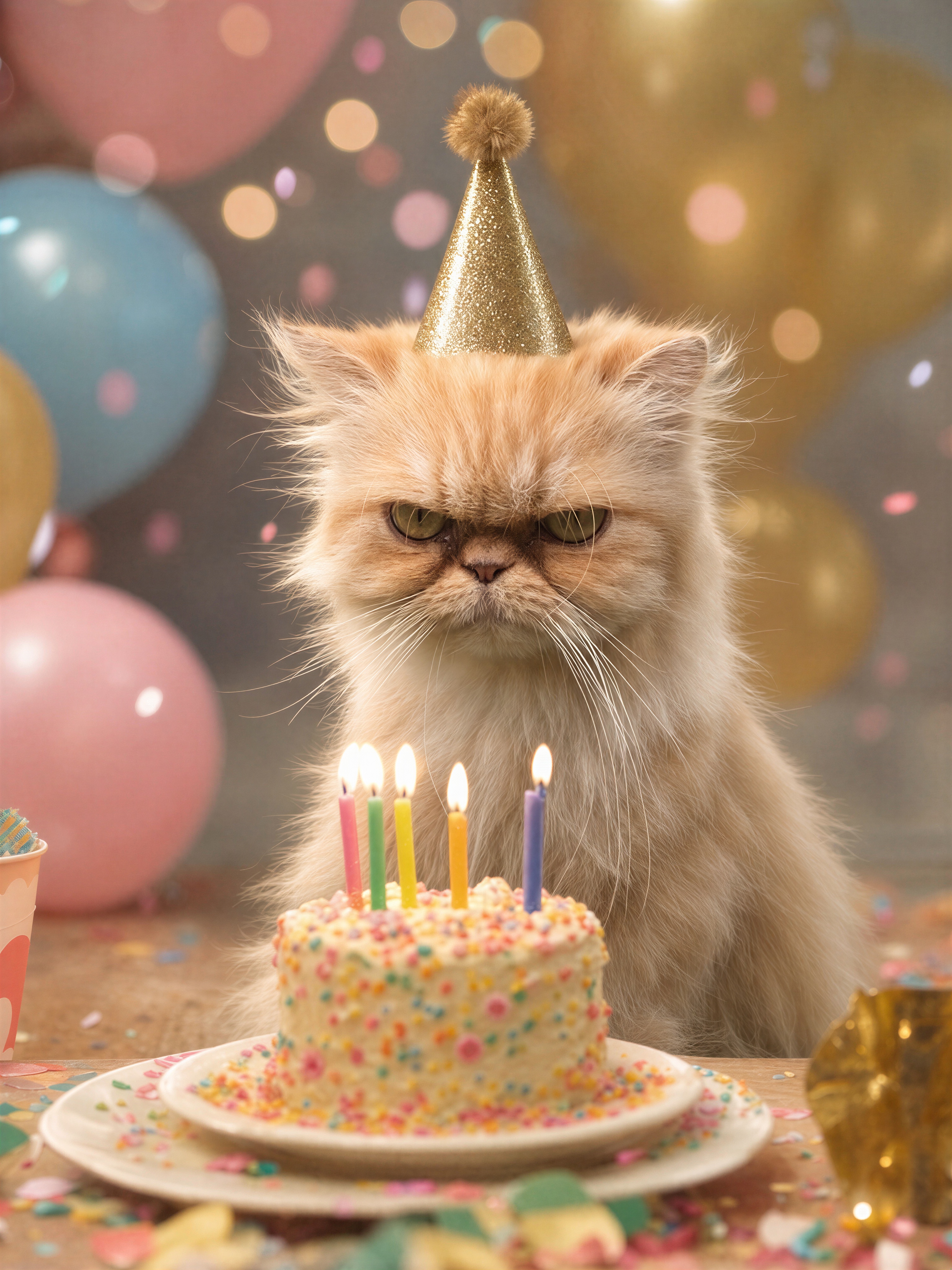 Cat in a gold party hat in front of a birthday cake