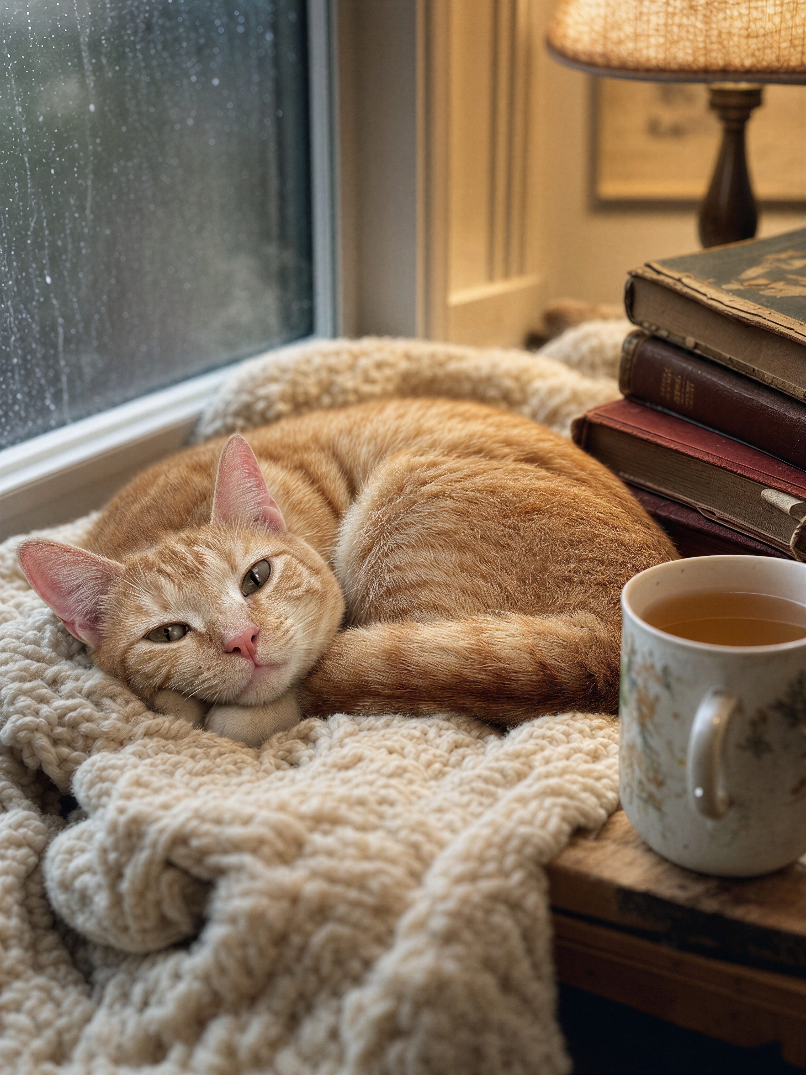 Cat curled on a blanket by a rainy window with books and tea