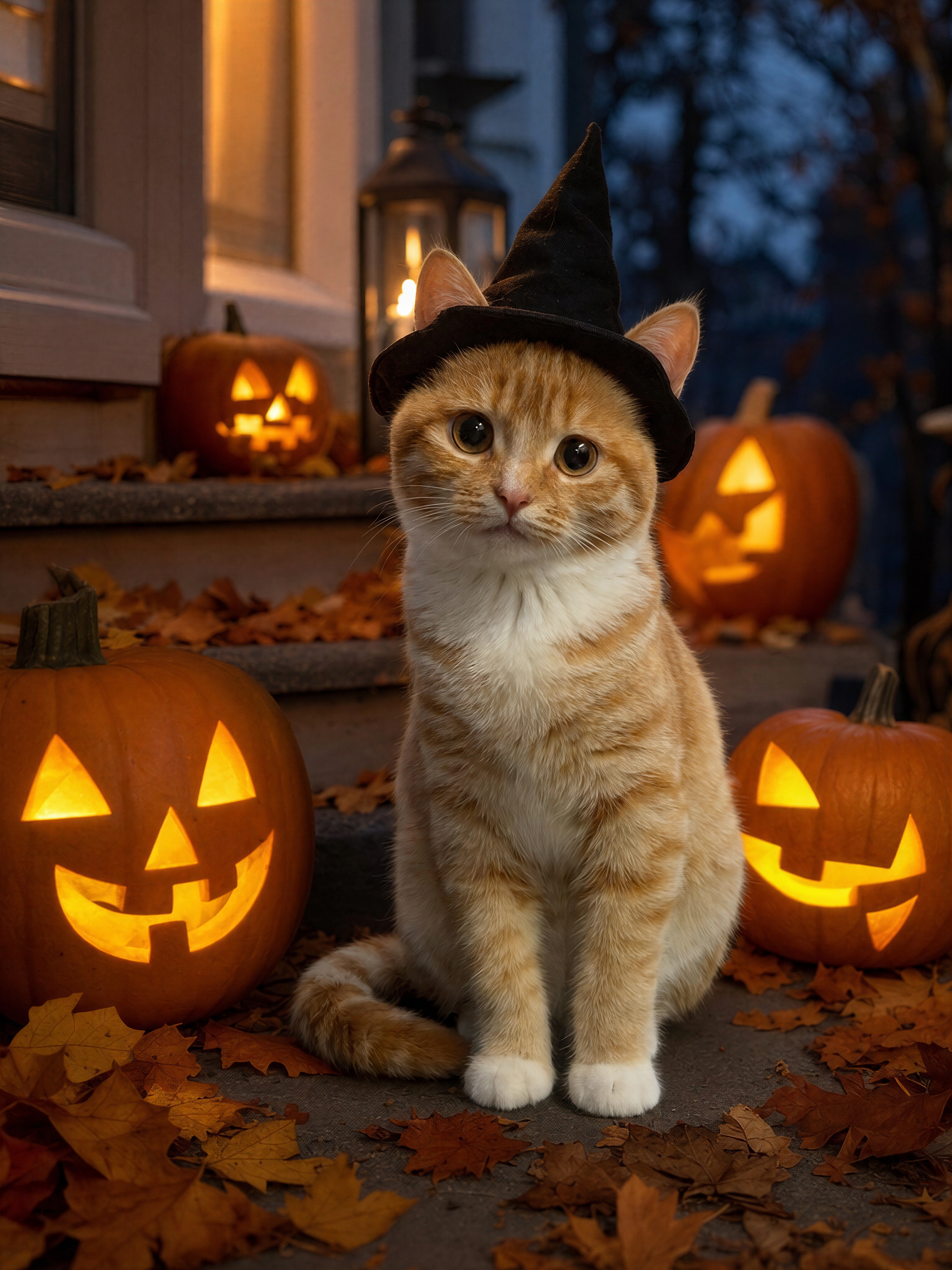 Cat in a witch hat surrounded by glowing jack-o-lanterns