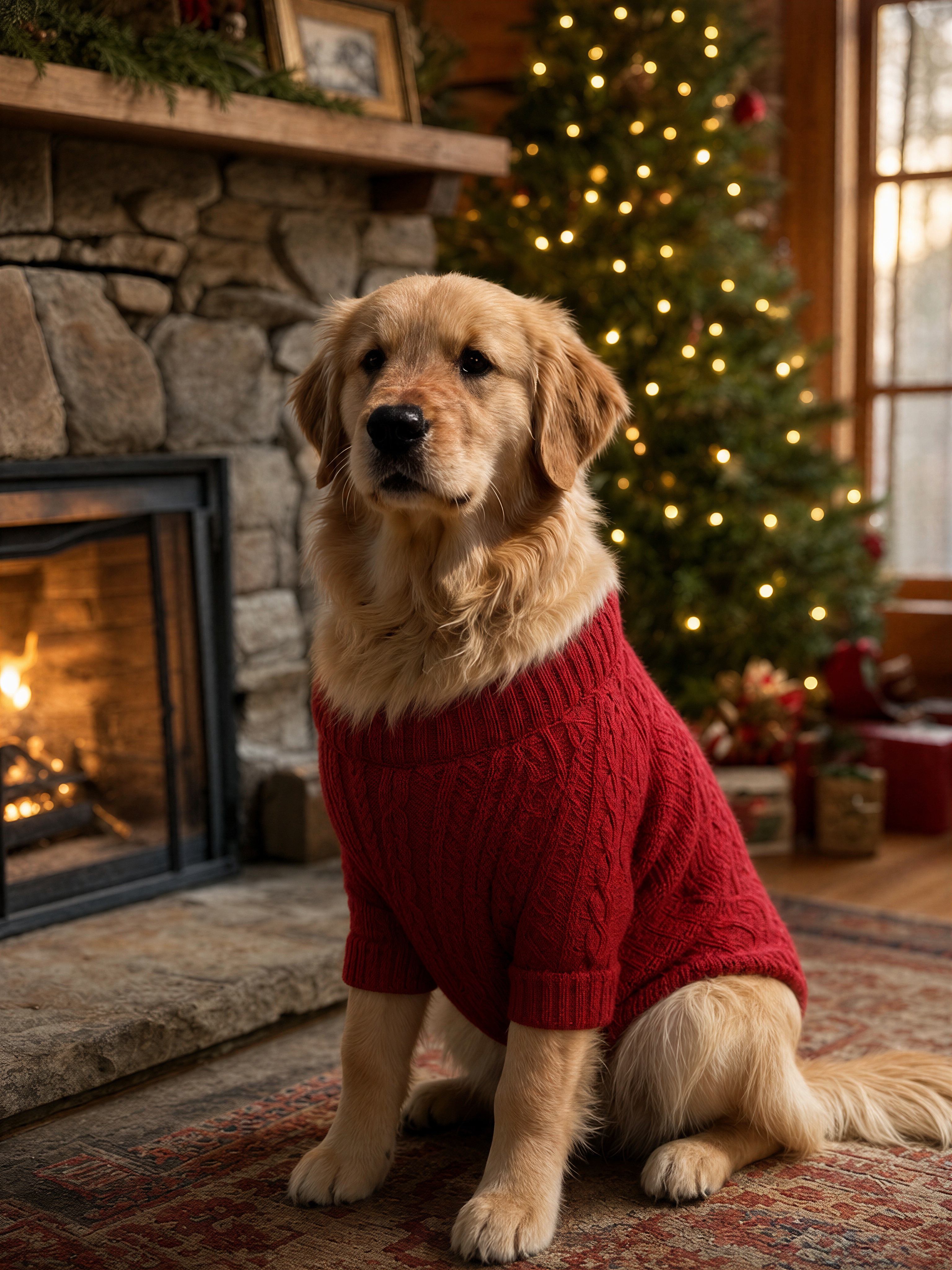 Dog in a red sweater by a cozy fireplace at Christmas