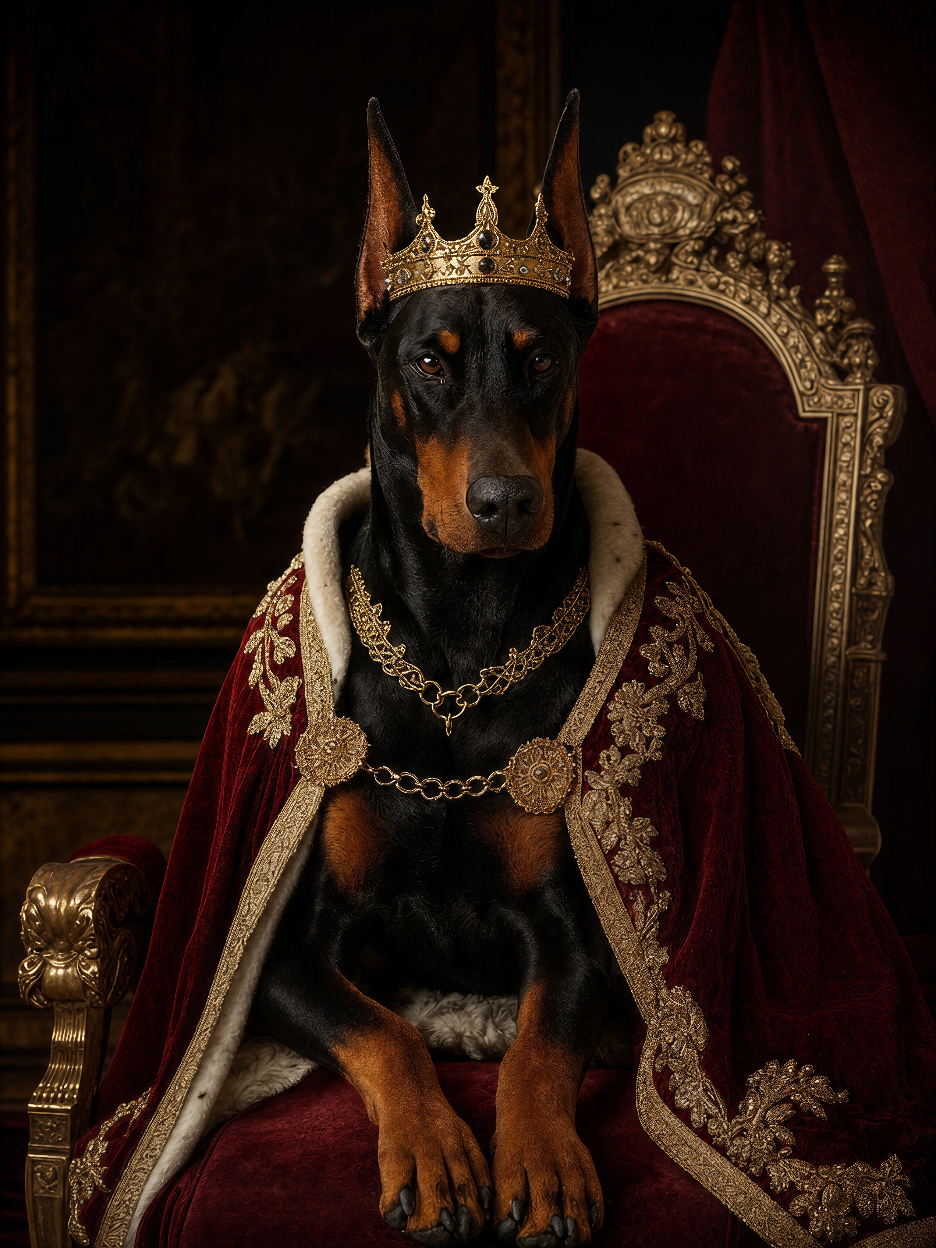 Dog wearing royal robes and a gold crown on a throne