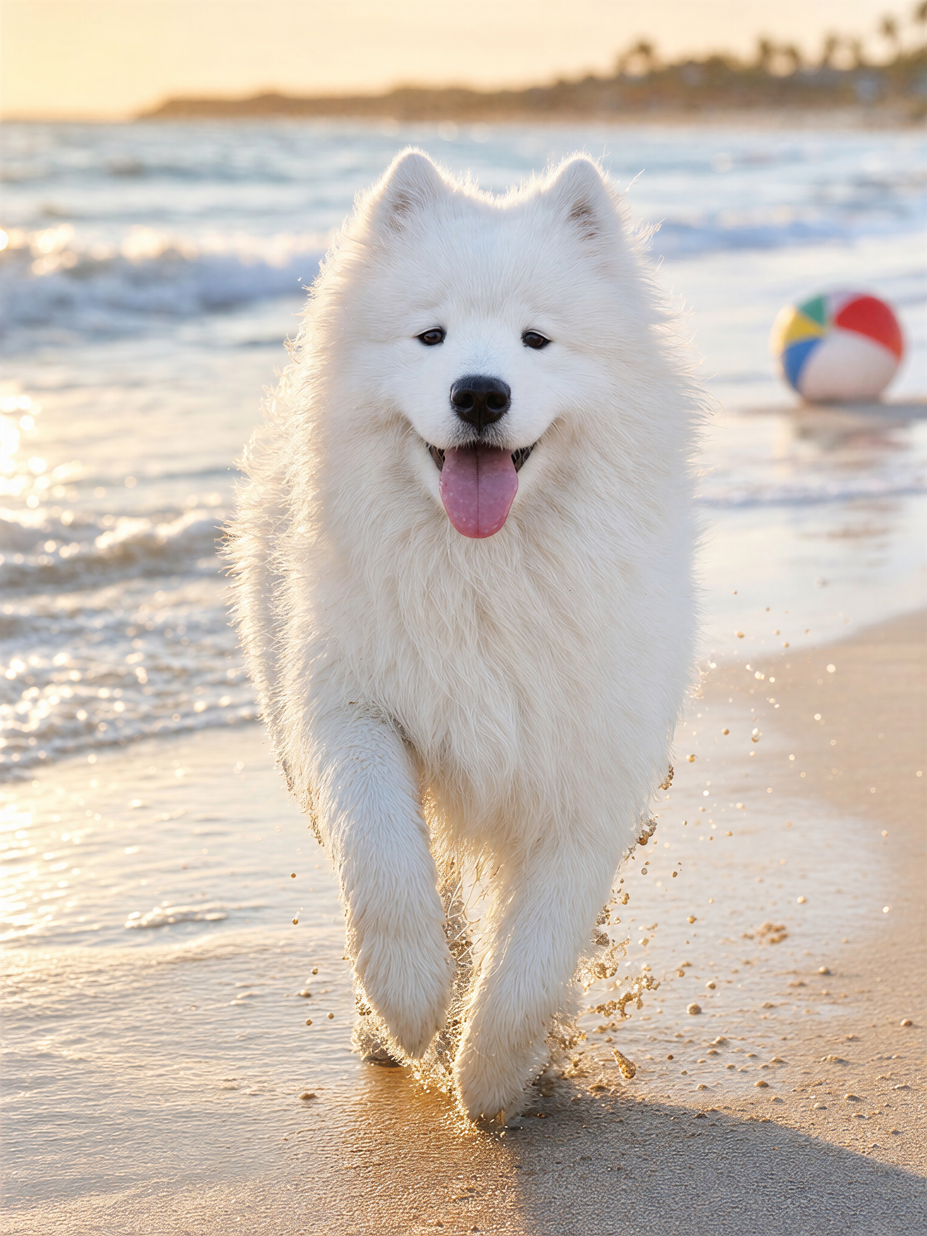 Dog running on a sunny beach at golden hour